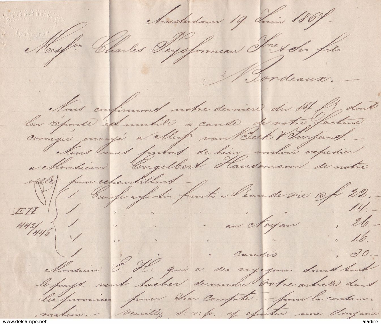 1867 - Lettre pliée en français d'Amsterdam vers Bordeaux, France - entrée Valenciennes - cad transit et arrivée