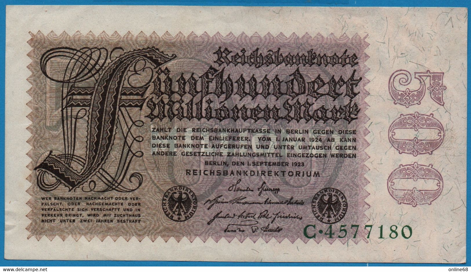 DEUTSCHES REICH 	500 Millionen Mark	01.09.1923	# C.4577180 P# 110a - 500 Millionen Mark