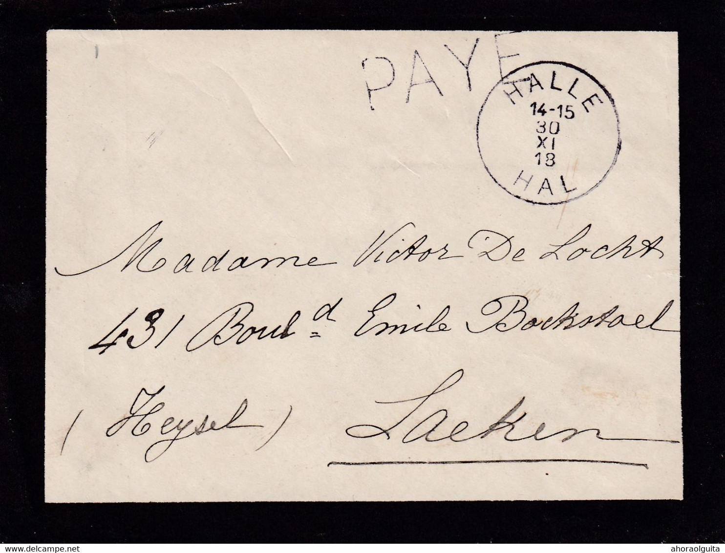 DDX879  -- Lettre De Deuil Cachet De FORTUNE - PAYE (en Numéraire) HALLE HAL 30 XI 1918 Vers LAEKEN - Fortune (1919)