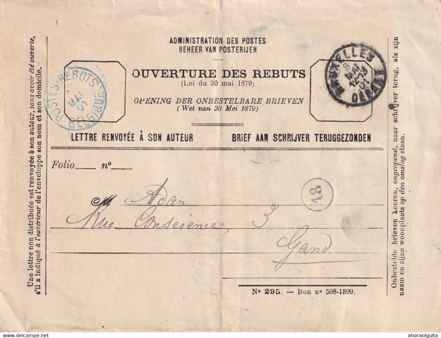 DDX881  -- Enveloppe Des REBUTS + Cachet Bleu - Bon No 508/1899 - BRUXELLES DEPART 1901 Vers GAND ( Facteur 18) - Post Office Leaflets