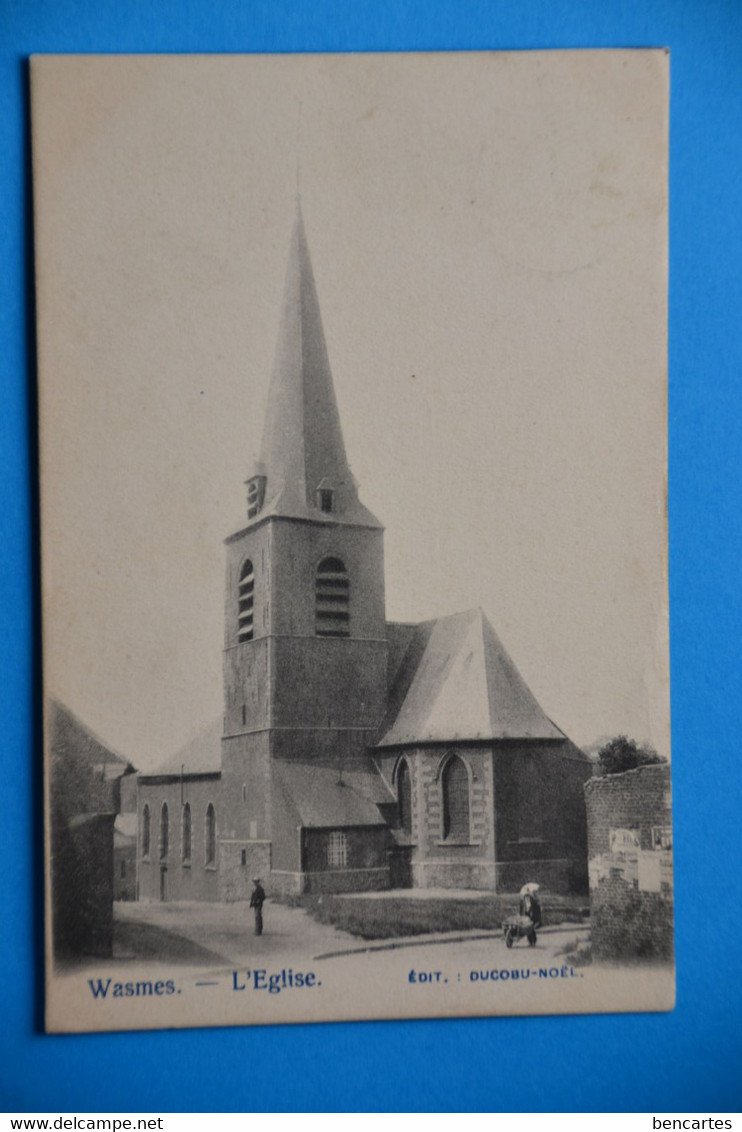 Wasmes 1903: L'Eglise Animée Avec Piétons Et Brouette - Colfontaine