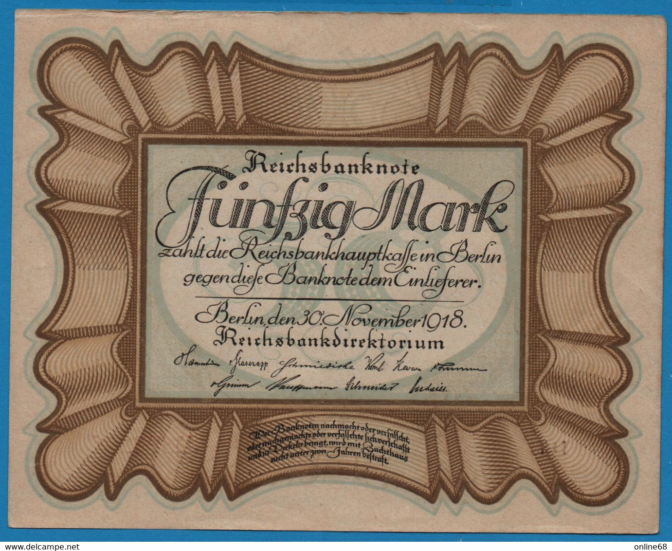 DEUTSCHES REICH 	50 Mark 30.11.1918	Série D71 № 836294 P# 65 "Eierschein" - 50 Mark