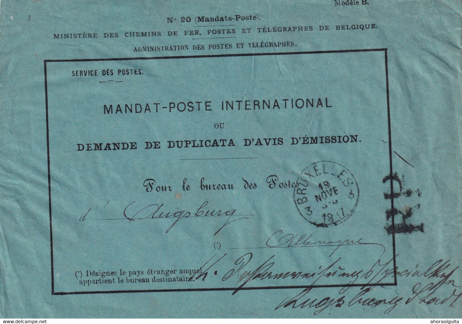 DDX885  -- Enveloppe De MANDAT-POSTE INTERNATIONAL- Griffe RP Recommandé D'office BRUXELLES 1887 Vers AUGSBURG Allemagne - Volantini Postali