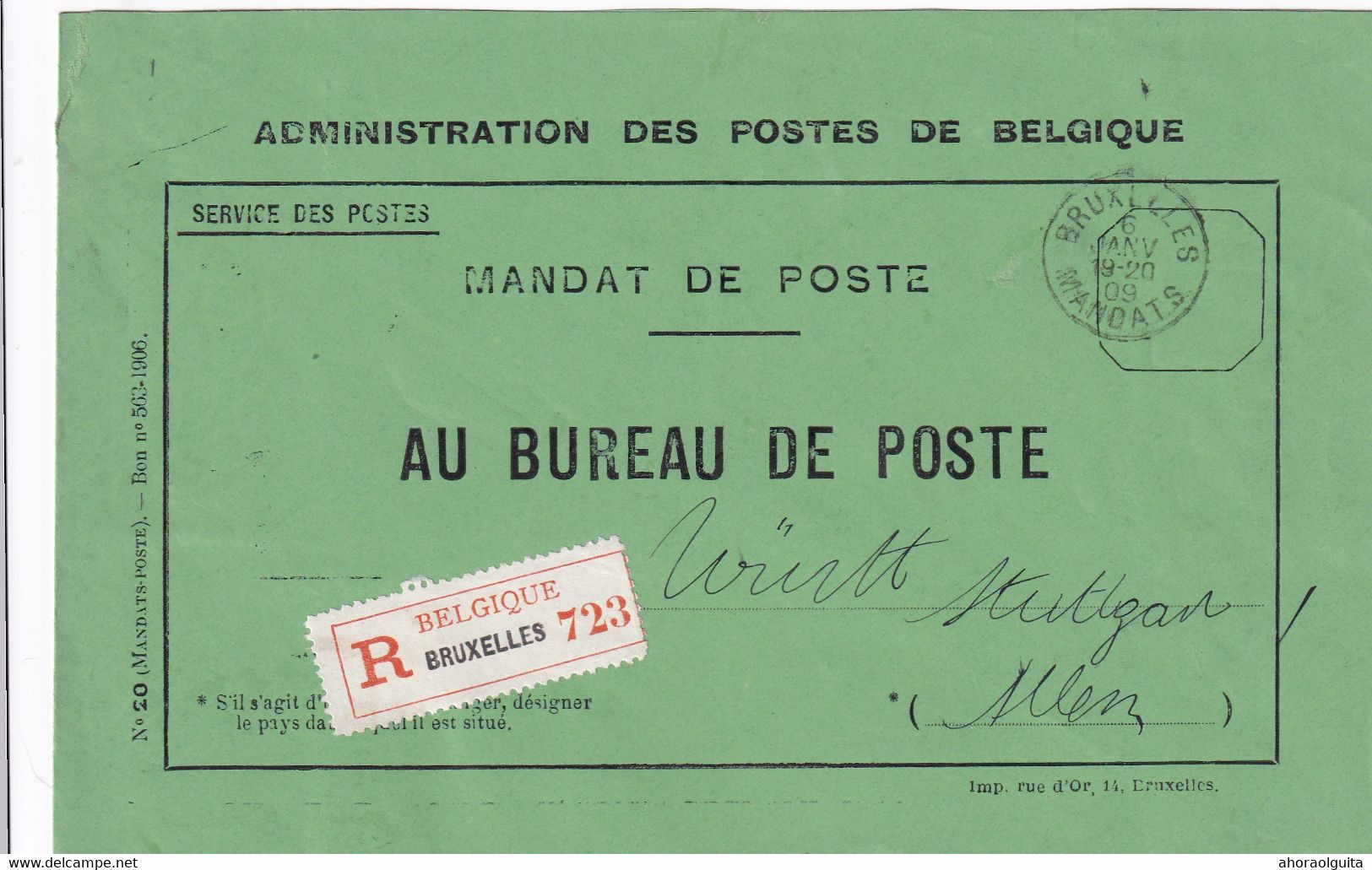 DDX886  -- Enveloppe De MANDAT-POSTE - Etiquette Recommandé BRUXELLES MANDATS 1909 Vers STUTTGART Allemagne - Folletos De La Oficina De Correos