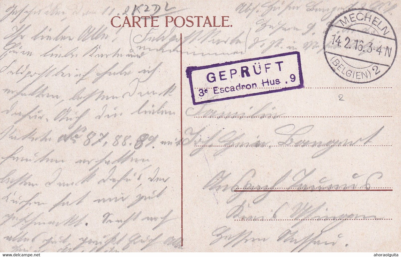 DDX887  -- Carte-Vue MECHELN 2 En 1916 En Feldpost Vers L' Allemagne - Griffe Encadrée GEPRUFT 3e Escadron Hus. 9 - Army: German