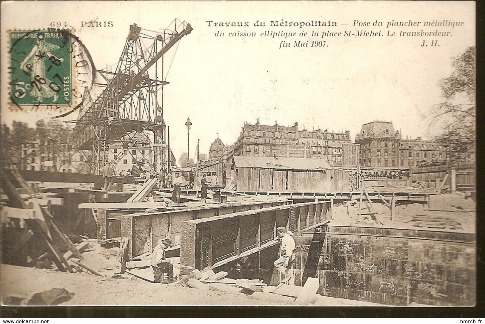 115 - PARIS - METROPOLITAIN - LES TRAVAUX DU METRO - POSE PLANCHER METALLIQUE CAISSON PL. SAINT-MICHEL 1907 TRANSBORDEUR - Metro, Stations