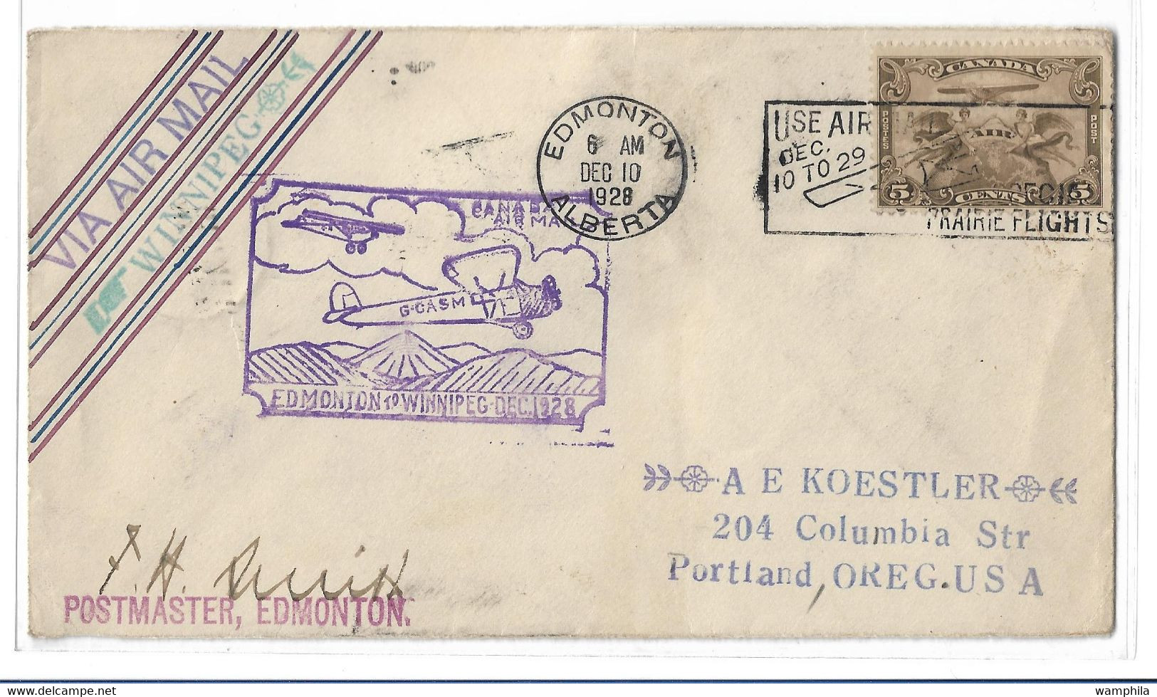 Lettre Poste Aérienne Winnipeg Pour Edmonton. - First Flight Covers