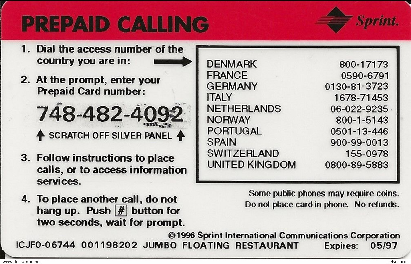 USA: Sprint Prepaid Jumbo, Floating Restaurant. 05/97 - Sprint