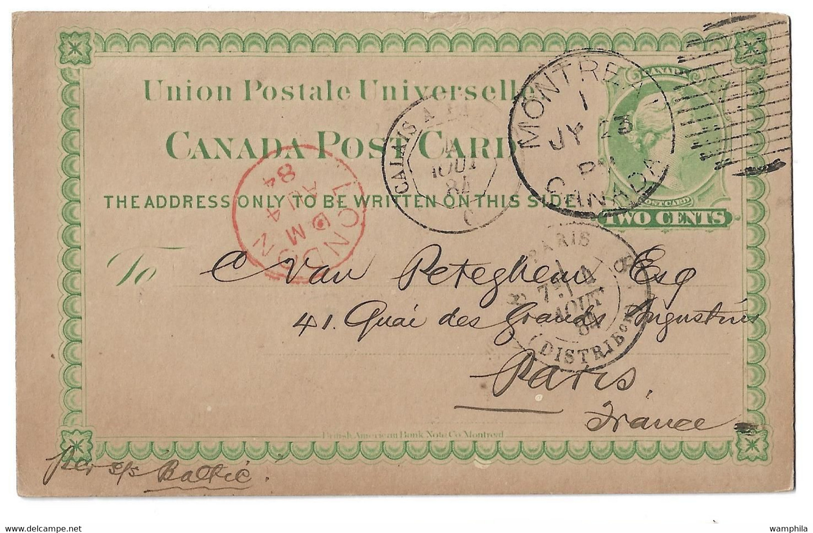 1884 Entier Postal Montréal Pour La France.. - 1860-1899 Reinado De Victoria