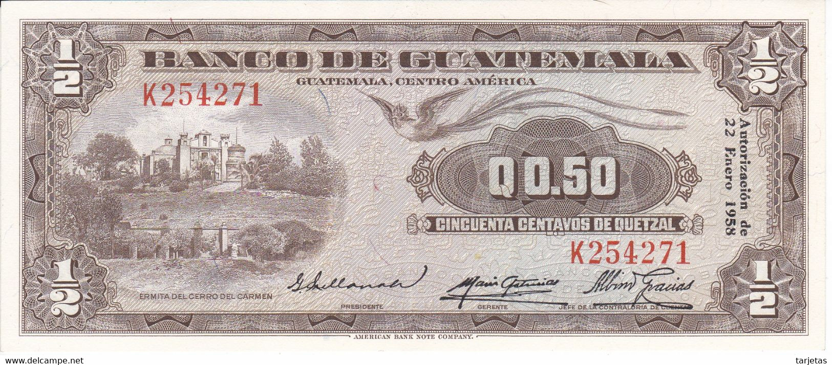 BILLETE DE GUATEMALA DE 50 CENTAVOS DE QUETZAL DEL AÑO 1958 EN CALIDAD EBC (XF) (BANKNOTE)  RARO - Guatemala