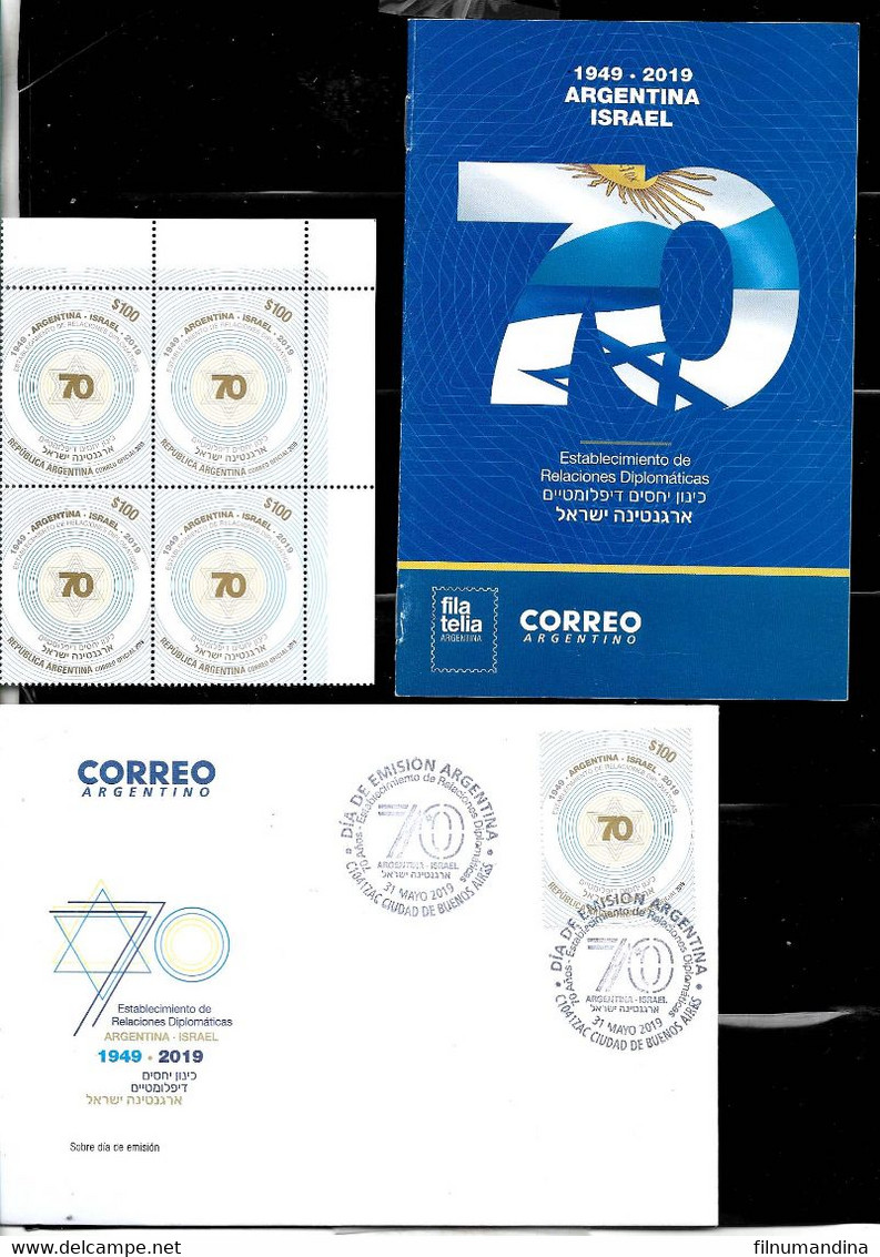 ARGENTINA 2019 ISRAEL 70°ANIV JUDAICA JEWISH PACK POST BROCHURE+ FDC,+BLOC OF 4 MNH - Andere & Zonder Classificatie