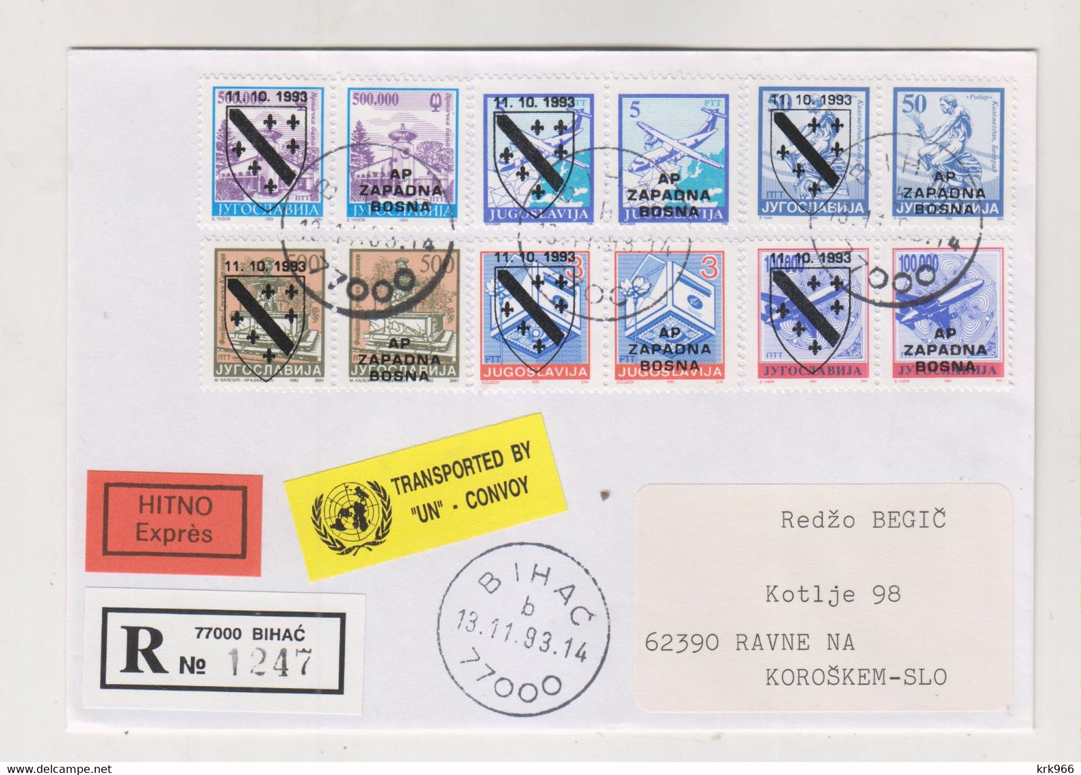 BOSNIA AND HERZEGOVINA  BIHAC 1993 Private Issue Registered Priority Cover To Slovenia - Bosnien-Herzegowina