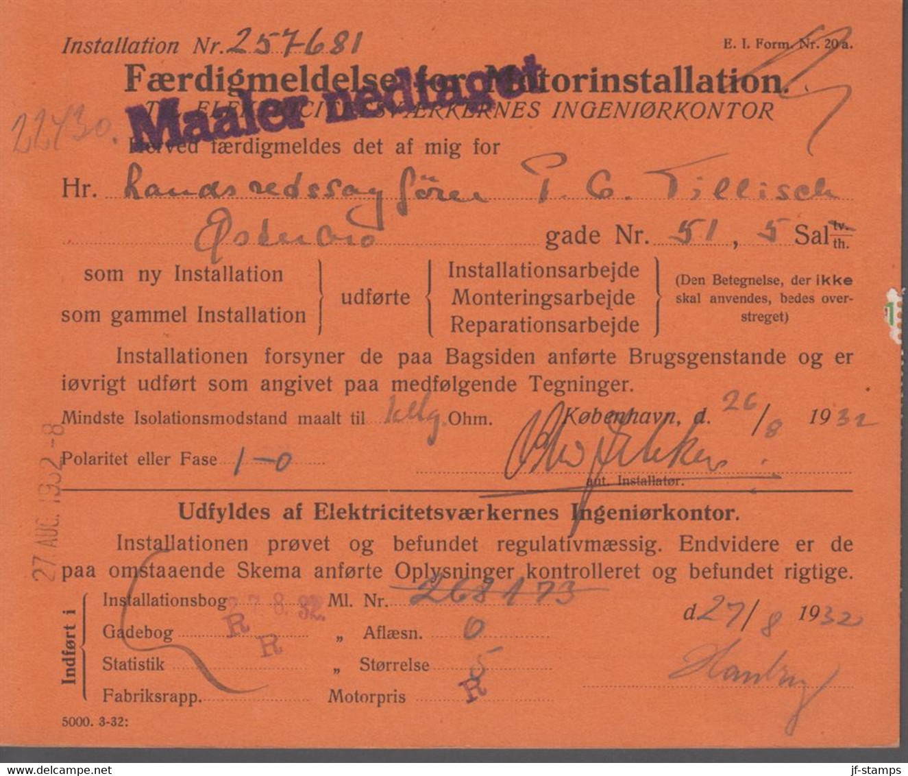 1932. DANMARK. Card From KJØBENHAVNS PRØVNINGS BELYSNINGSVÆSEN With 10 ØRE + 50 ØRE +... () - JF367096 - Fiscali