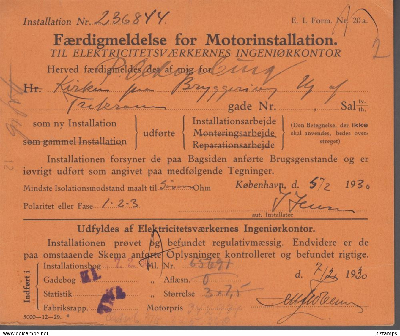 1930. DANMARK. Card From KJØBENHAVNS PRØVNINGS BELYSNINGSVÆSEN With 2 Ex  1 KR AFGIFT... () - JF367097 - Fiscali