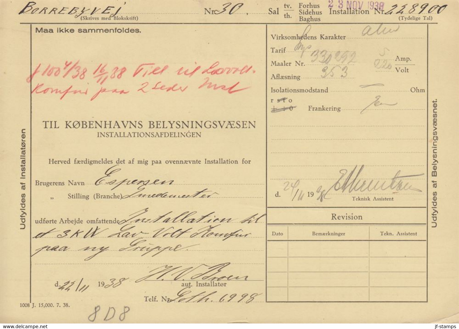 1938. DANMARK. Card From KJØBENHAVNS PRØVNINGS BELYSNINGSVÆSEN With 2 Ex 25 ØRE + 1 K... () - JF367103 - Revenue Stamps