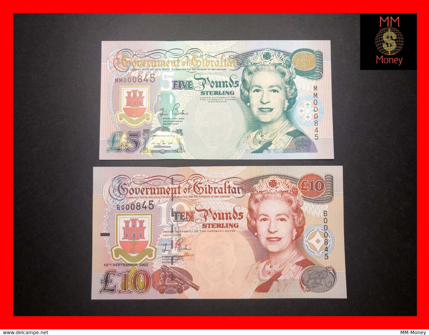 GIBRALTAR 5  £  2000  P. 29 *COMMEMORATIVE*  & 10 £ 10.9.2002  P.  30  *rare Pair Low Serial  000845*   UNC - Gibilterra