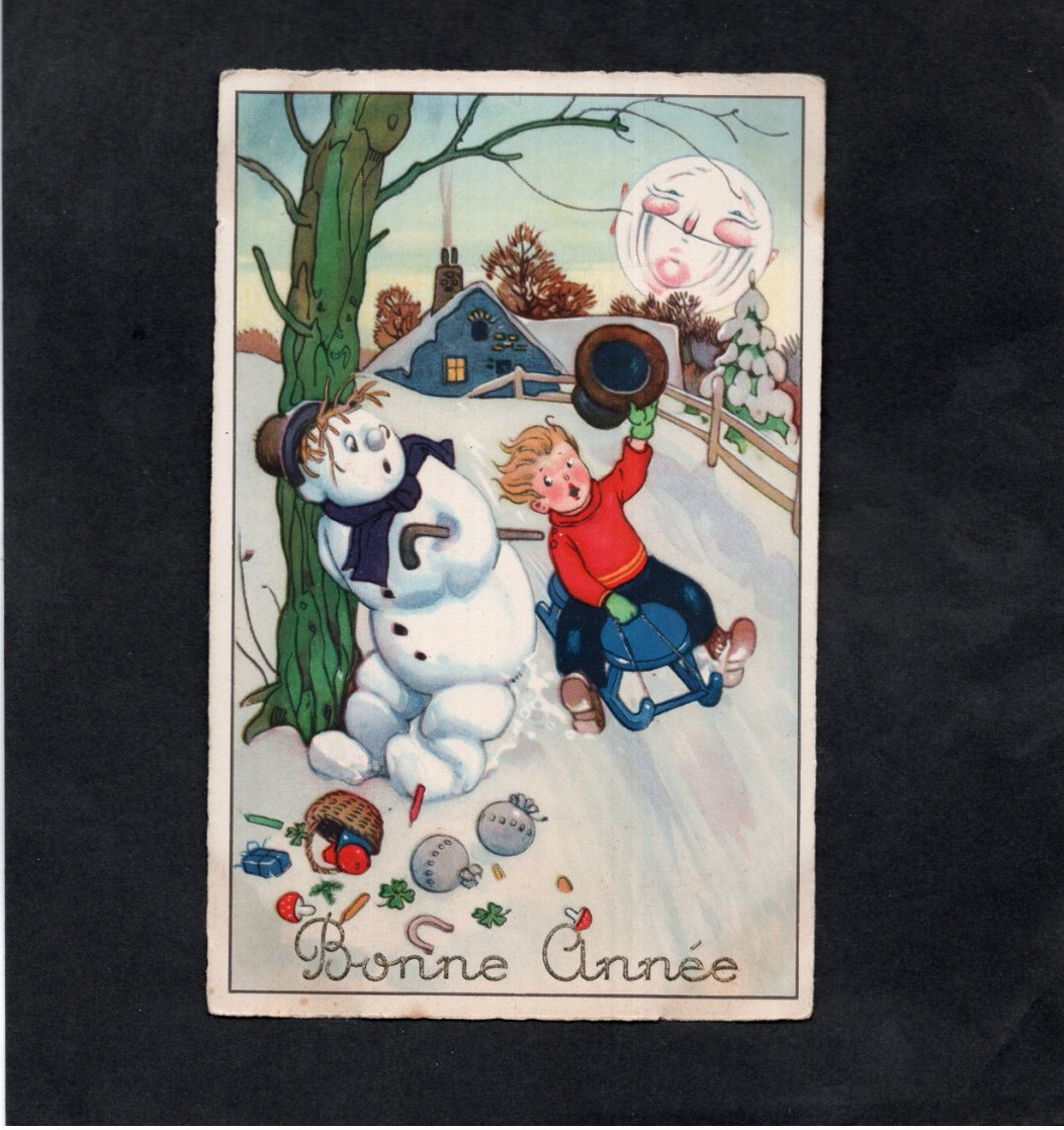 CPSM  - BONNE ANNEE - Enfant, Luge Et Bonhomme De Neige - New Year