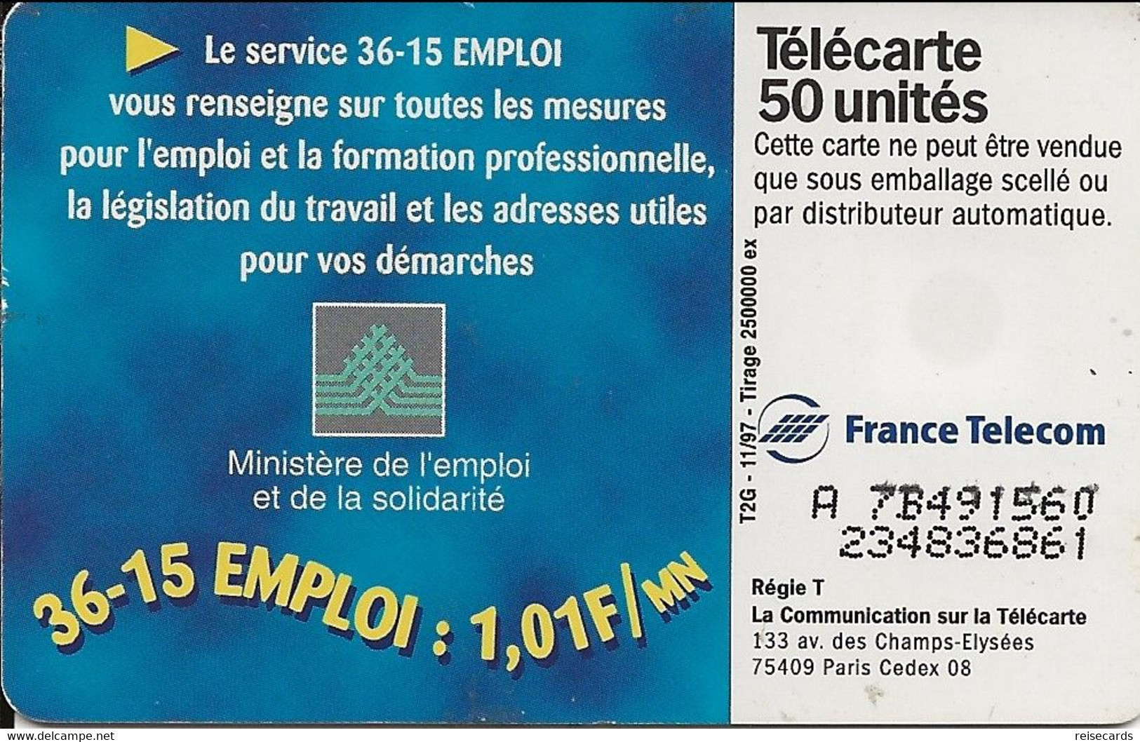 France: France Ttelecom 11/97 F804 Ministère De L'emploi Et De La Solidarité - 1987