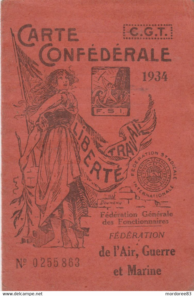 CARTE CONFEDERALE CGT 1934 - AIR - GUERRE -MARINE -                                    TDA109 - Gewerkschaften