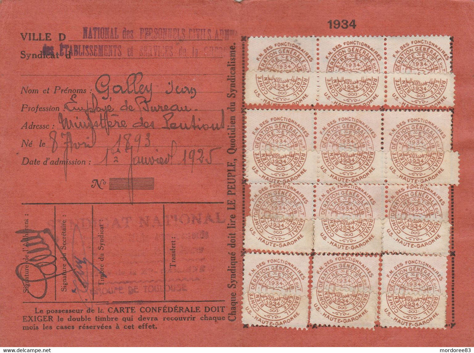 CARTE CONFEDERALE CGT 1934 - AIR - GUERRE -MARINE -                                    TDA109 - Sindicatos