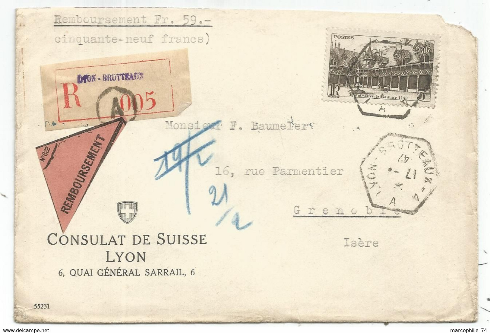 BEAUNE 5FR SEUL LETTRE REC CONTRE REMBOURSEMENT C. HEX LYON BROTTEAUX AA 1942 AU TARIF - 1921-1960: Moderne