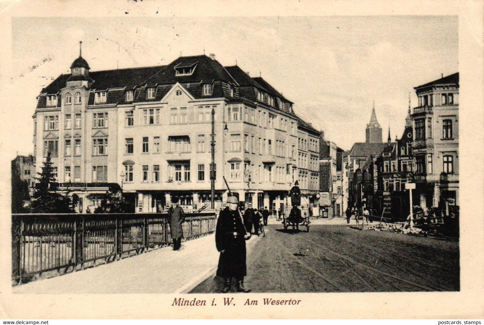 Minden I. W., Am Wesertor, Patrolierender Soldat Auf Der Brücke, Feldpost 1916 - Minden