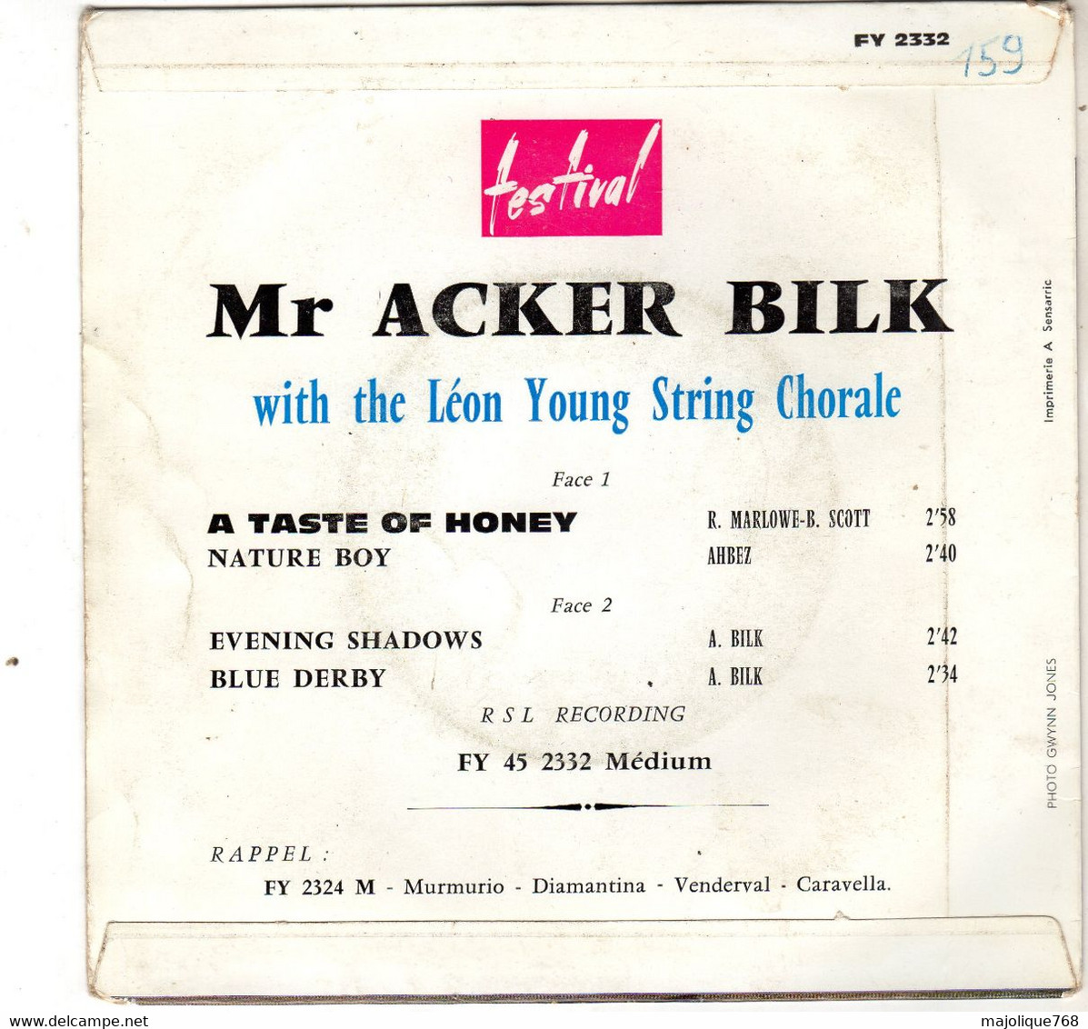 Disque - Mr Acker Bilk - A Taste Of Honey - Festival FY 45 2332 - France 1963 - Jazz