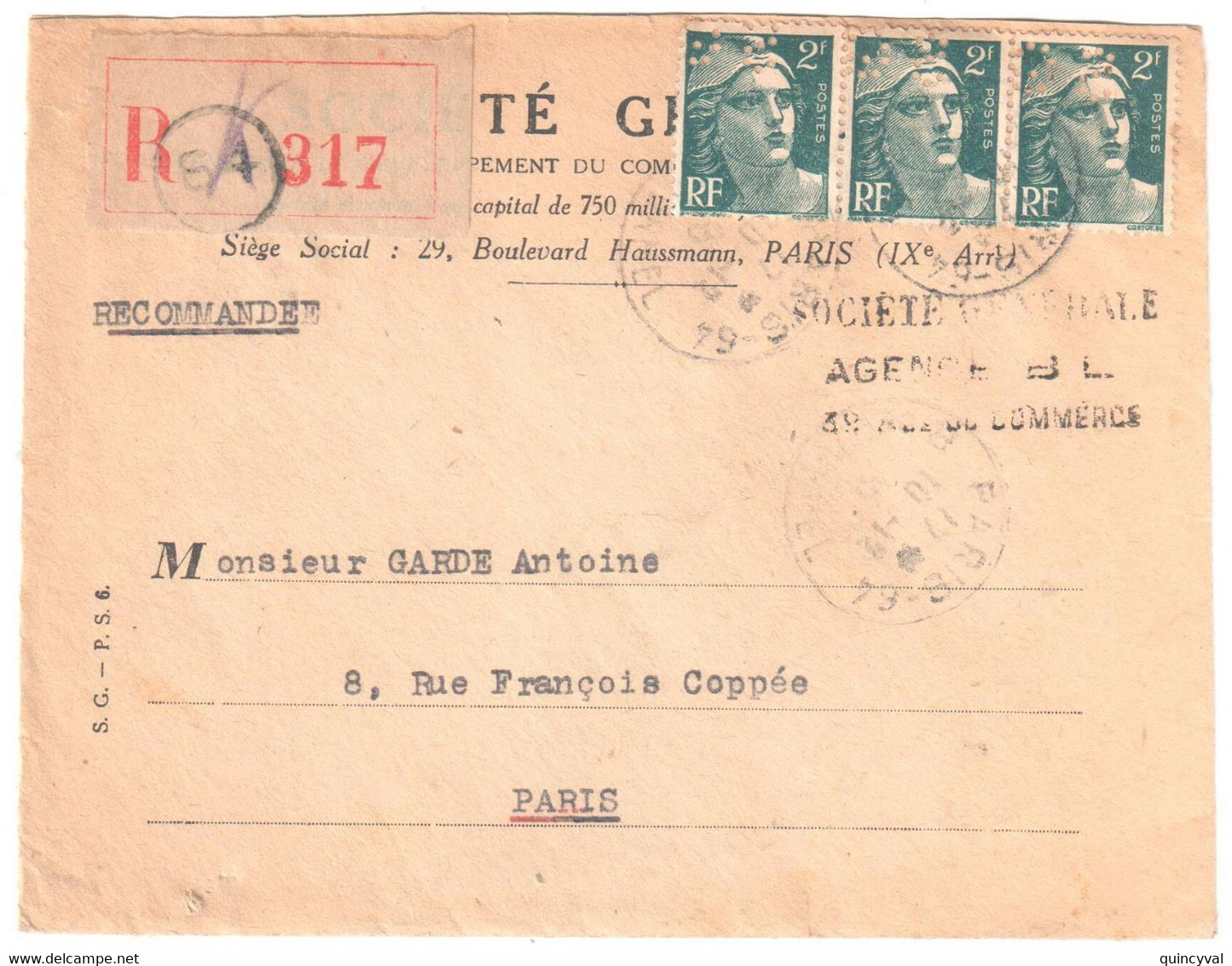 PARIS 64 Lettre Recommandée Entête Société Générale 2F Gandon Yv 713 PERFORE SG à L'envers Ob 10 12 1945 - Storia Postale