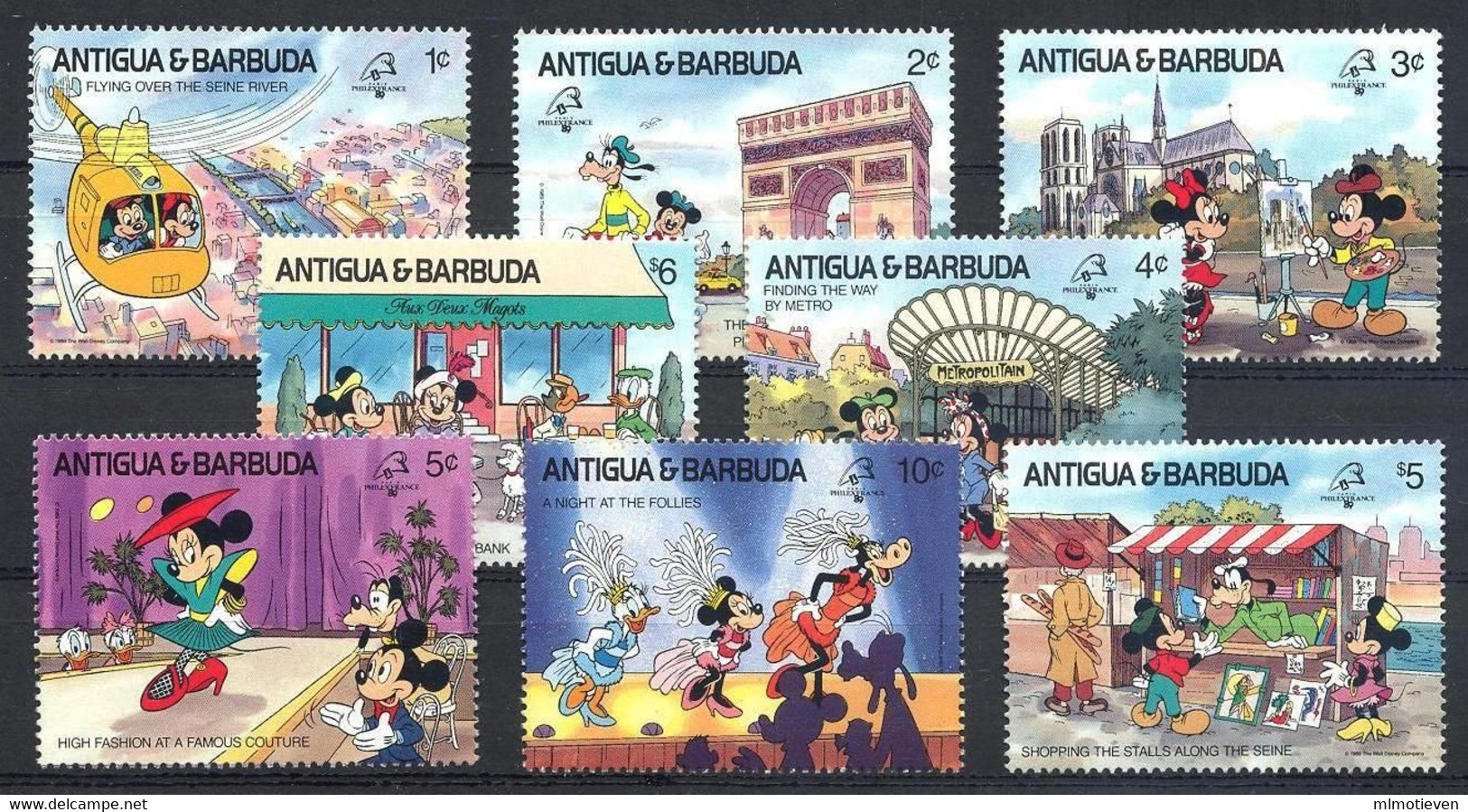 MWD-BK1-019-3 MINT PF/MNH ¤ ANTIGUA & BARBUDA 1988 8w In Serie ¤ THE WORLD OF WALT DISNEY - PHILEXFRANCE 89 - Disney