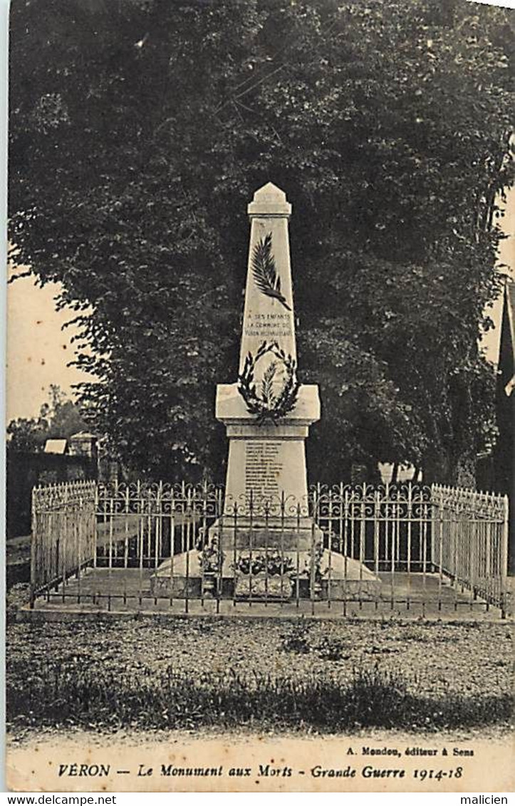 D-div-ref-AV207- Hauts De Seine - Yonne - Veron - Monument Aux Morts Guerre 1914-18 - Monuments Aux Morts - - Veron