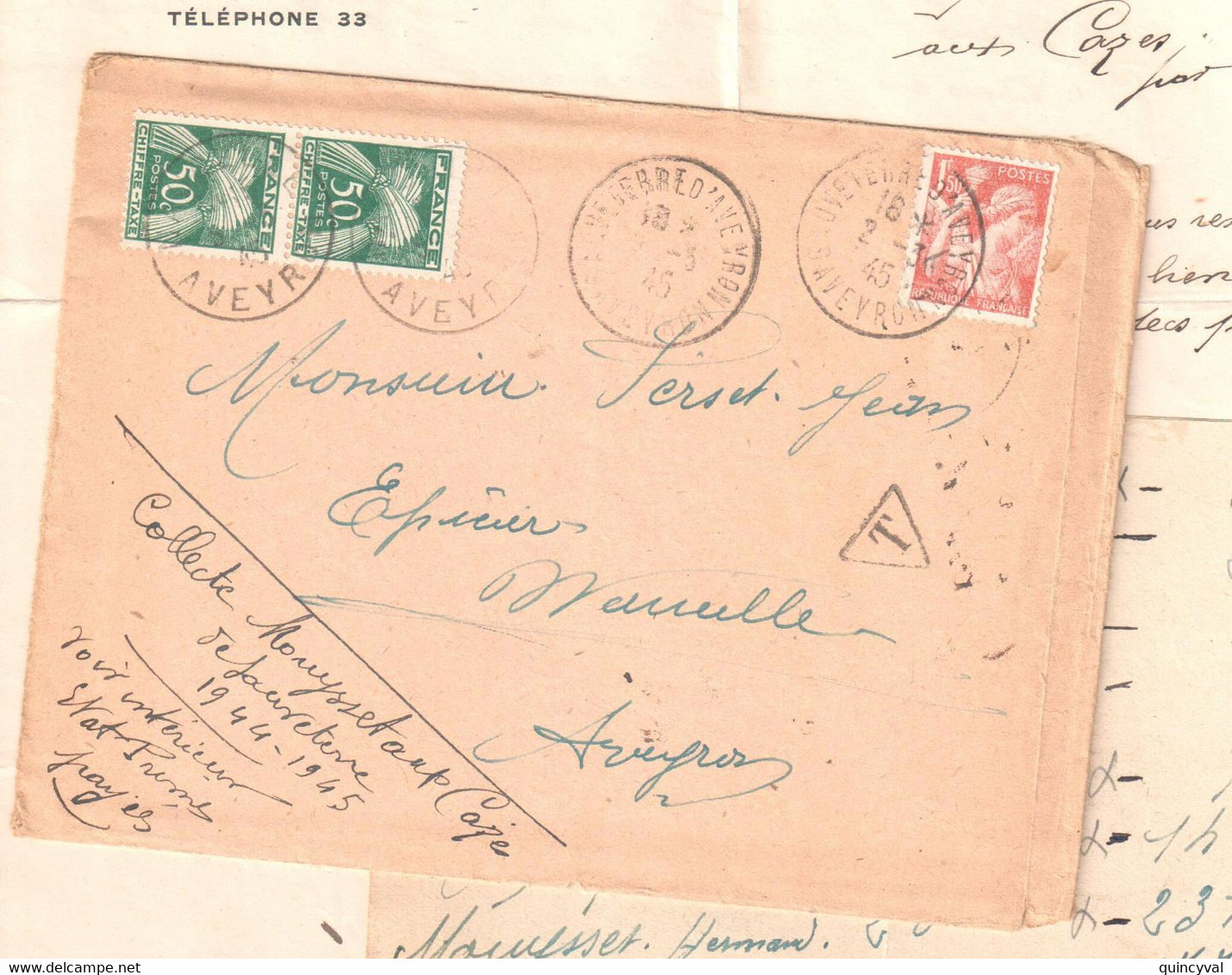 SAUVETERRE AVEYRON Lettre DOCUMENT Alimentation Durant Guerre Dest Naucelle 1,50 F Iris Taxe Gerbe 50c Vert Yv 652 T 80 - 1859-1959 Briefe & Dokumente