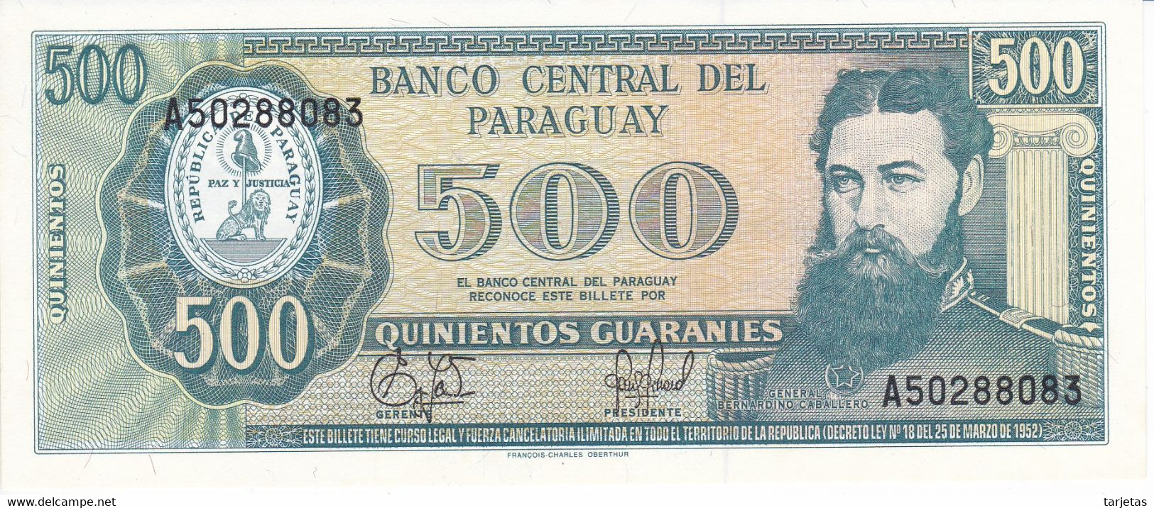 BILLETE DE PARAGUAY DE 500 GUARANIES DEL AÑO 1952 SIN CIRCULAR (UNCIRCULATED) (BANKNOTE) - Paraguay