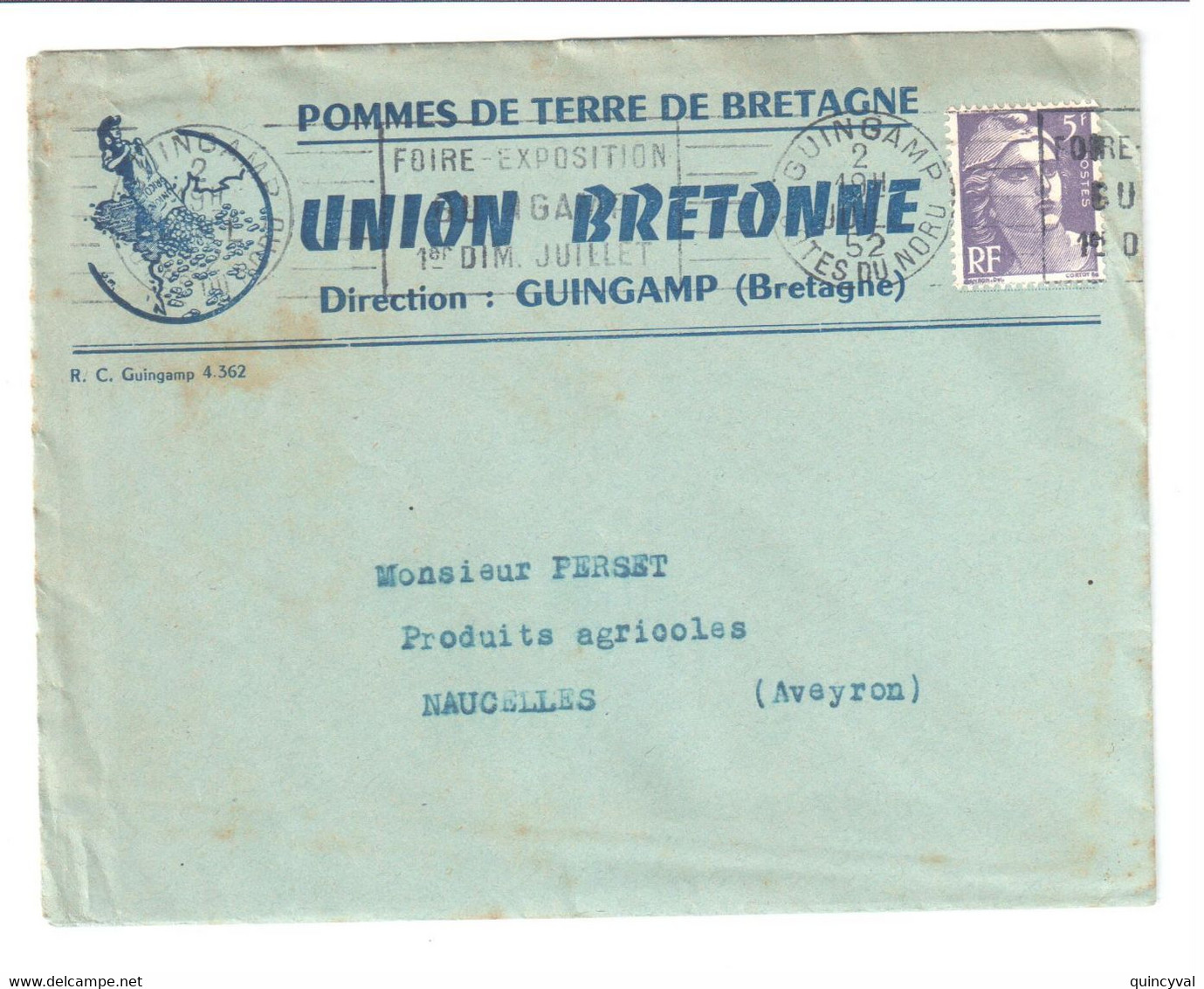 GUINGAMP Côtes Du Nord Circulaire Imprimé Pommes De Terre 5F Gandon Yv 883 Ob 1952 Meca Foire Exposition Dreyfus GUI306 - 1859-1959 Covers & Documents
