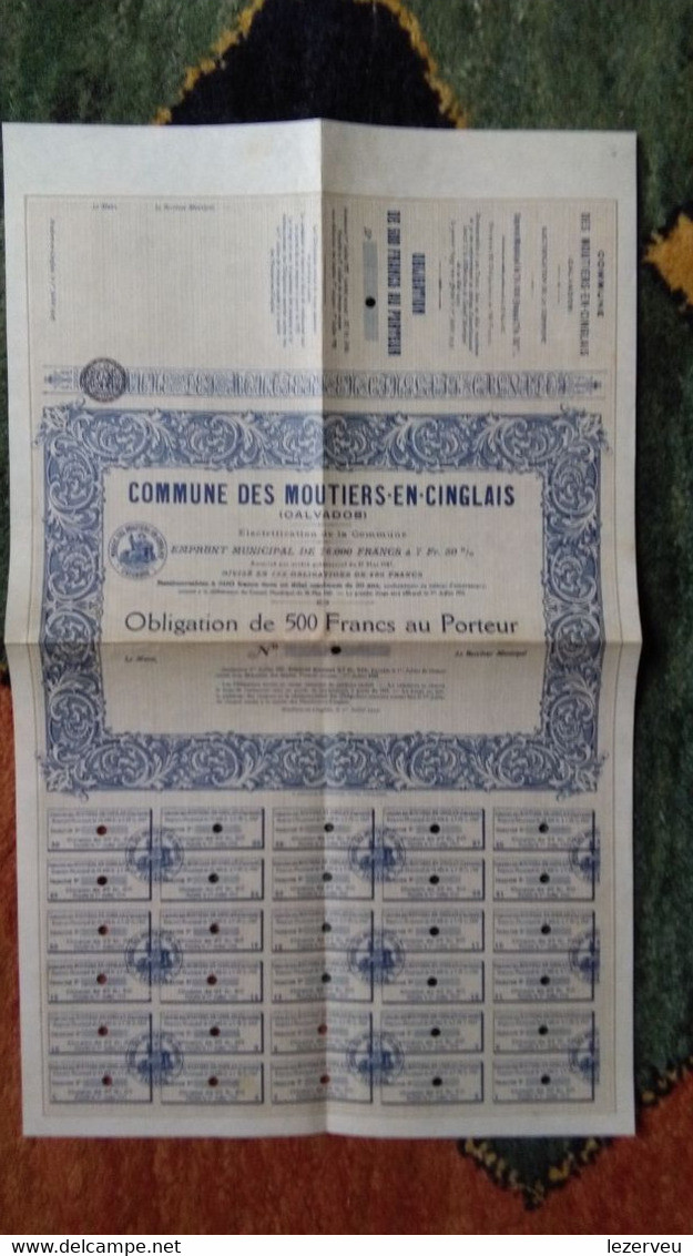COMMUNE DE MOUTIERS EN CINGLAIS CALVADOS OBLIGATION DE 500 FRANCS AU PORTEUR  (document En Très Bon état) - A - C