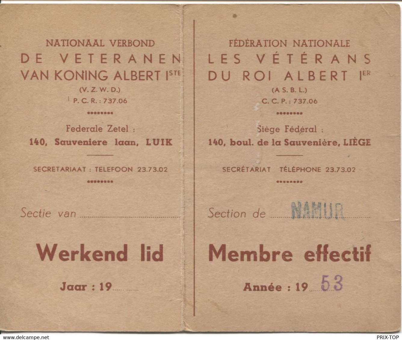 REF2069/ TP 831-710 S/Carte De Membre Vétérans Du Roi Albert Section Namur 22 Frs C.Namur 5/12/52 > Champion - Covers & Documents