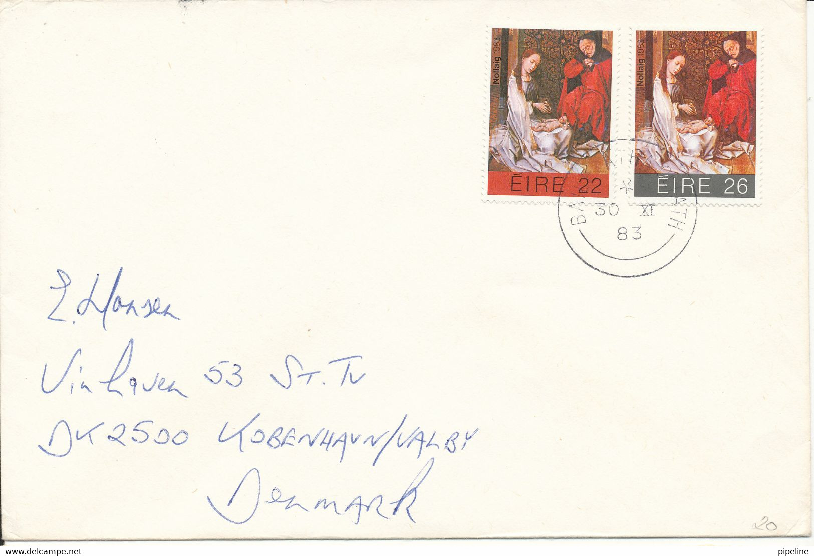 Ireland Cover Sent To Denmark 30-11-1983 With Complete Set Of 2 Christmas Stamps - Briefe U. Dokumente