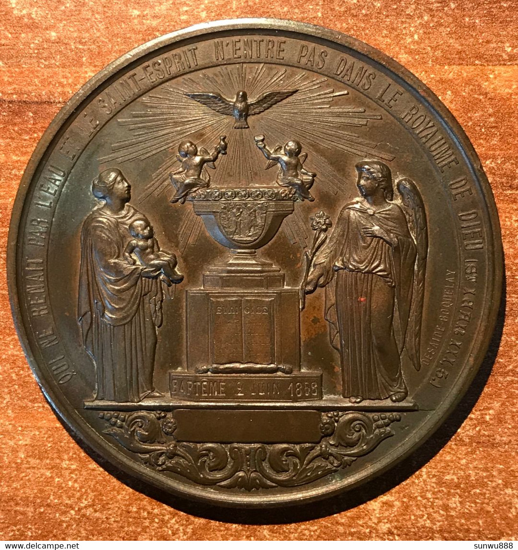 Superbe Médaille Cuivre Baptême 1868 Communion Confirmation 1879 Desaide Roquelay Atribuée à A. Allard (prix Fixe) - Monarchia / Nobiltà