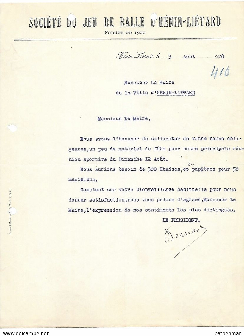 HENIN LIETARD SPORT SOCIETE DU JEU DE BALLE LETTRE DE 1929 - Sport En Toerisme