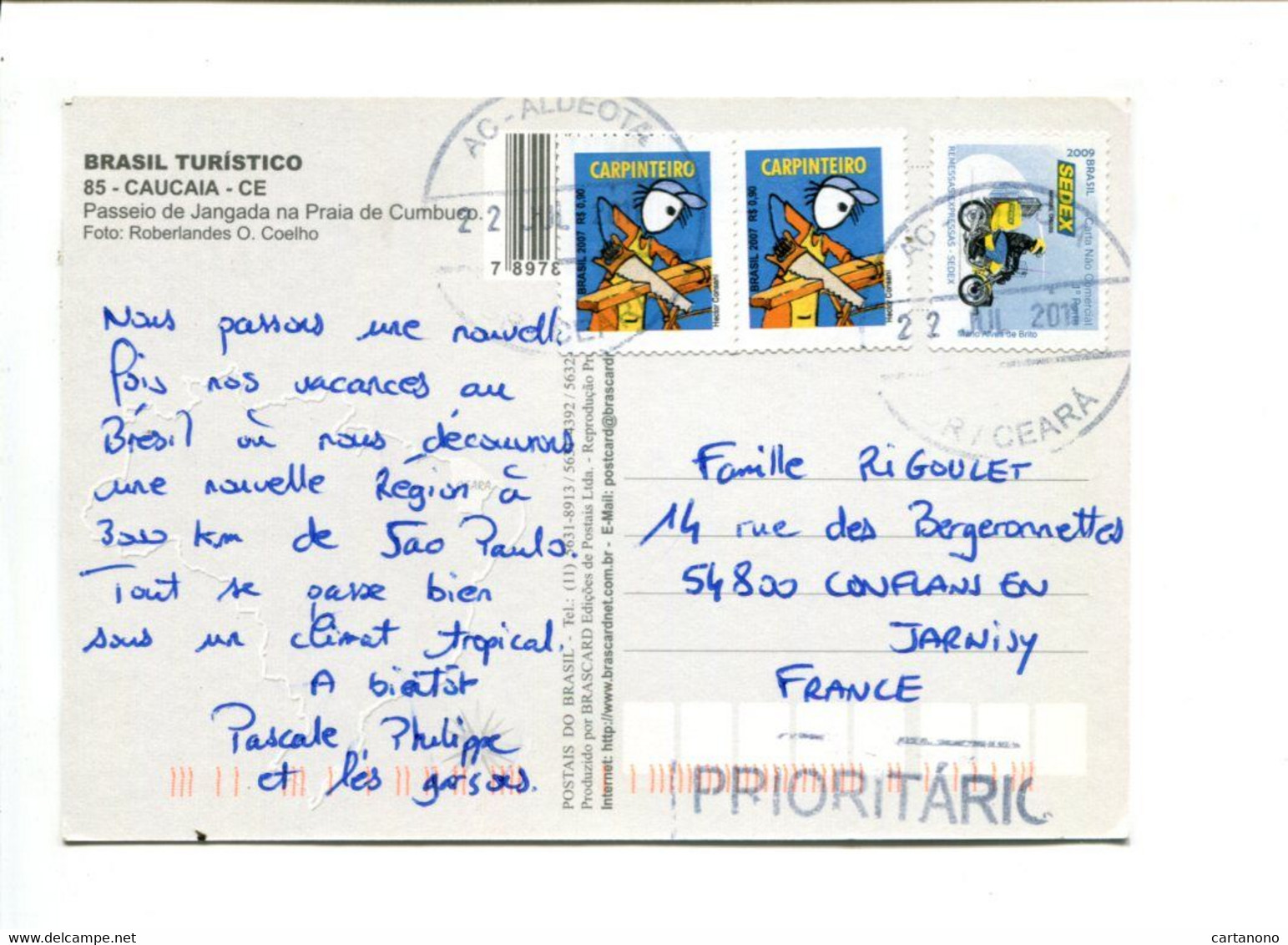 BRESIL 2011 Carte Postale Affranchie Avec Timbres Autocollant Sans Faciale, Pour La France - Brieven En Documenten