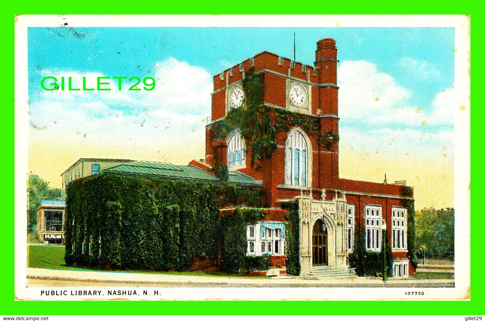 NASHUA, NH - PUBLIC LIBRARY - TRAVEL IN 1927 - C.T. AMERICAN ART COLORED - - Nashua