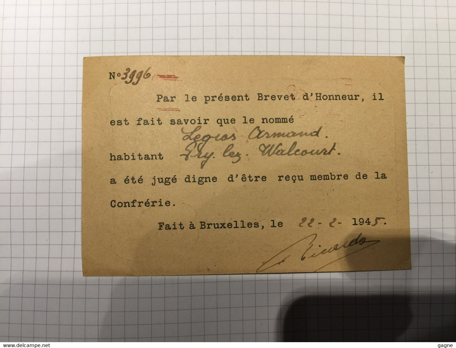 20BG - Carte De Membre Confrérie Chevalier De L'aventure  Bruxelles 1945 - Ohne Zuordnung