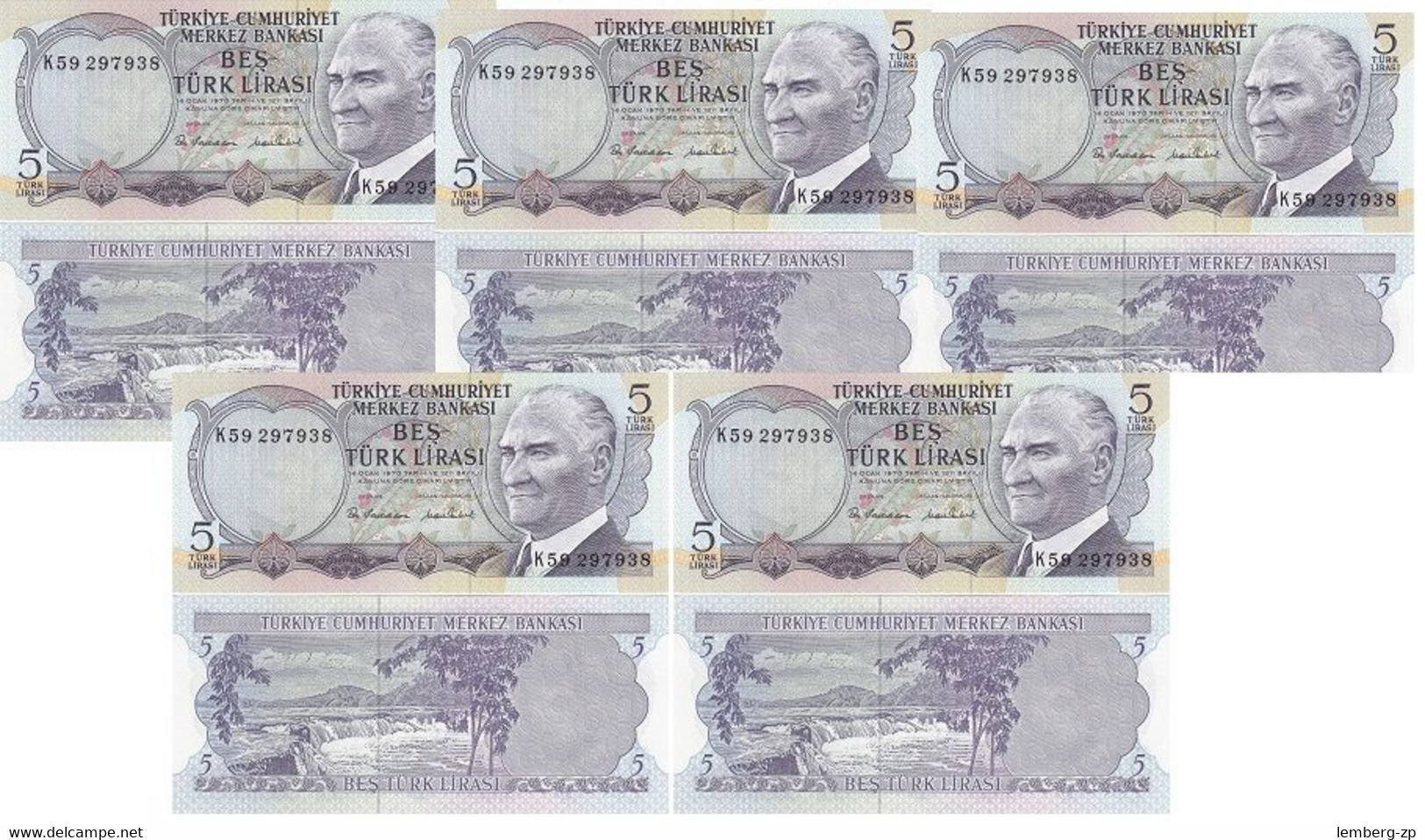 Turkey - 5 Pcs X 5 Lirasi 1971 - 1982 Pick 185 UNC Lemberg-Zp - Turchia