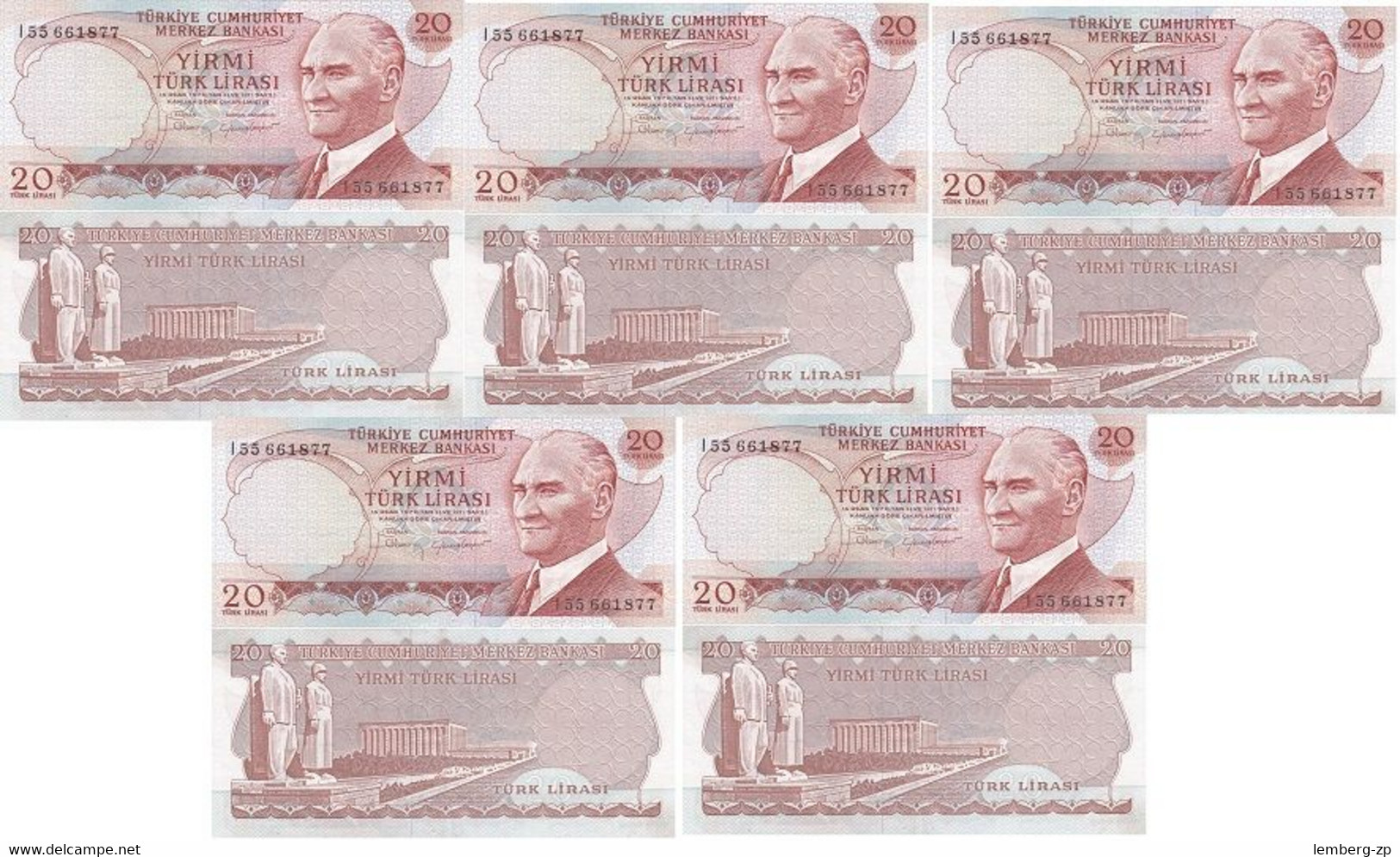 Turkey - 5 Pcs X 20 Lirasi 1970 Pick 187b UNC Lemberg-Zp - Türkei