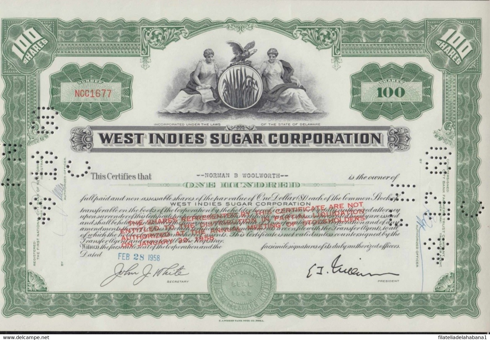 BON-335 CUBA SPAIN 1958 BONO DE 100 ACCIONES. WEST INDIES SUGAR CORPORATION. - España