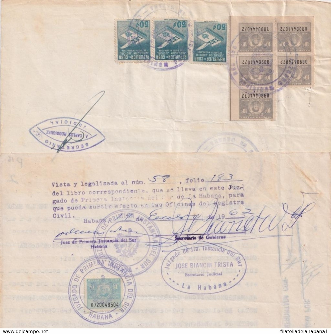 REP-405 CUBA (LG1904) REVENUE 1962 DOCS 10c, 1$ TIMBRE + JUBILACION NOTARIAL. - Postage Due