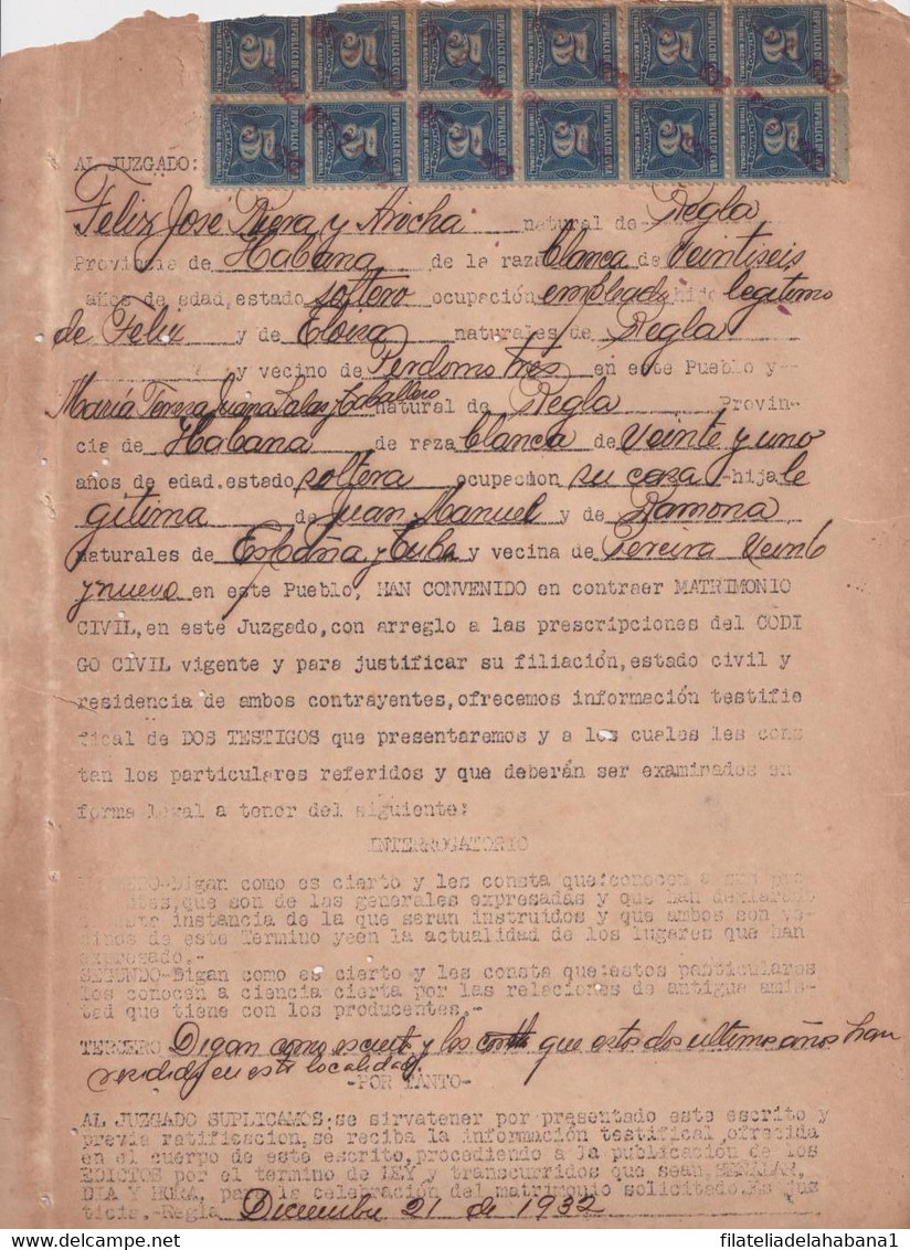 REP-408 CUBA REPUBLICA (LG1908) REVENUE 1932 DOCS 5c (12) SELLO DEL TIMBRE. PERFORACION. - Segnatasse