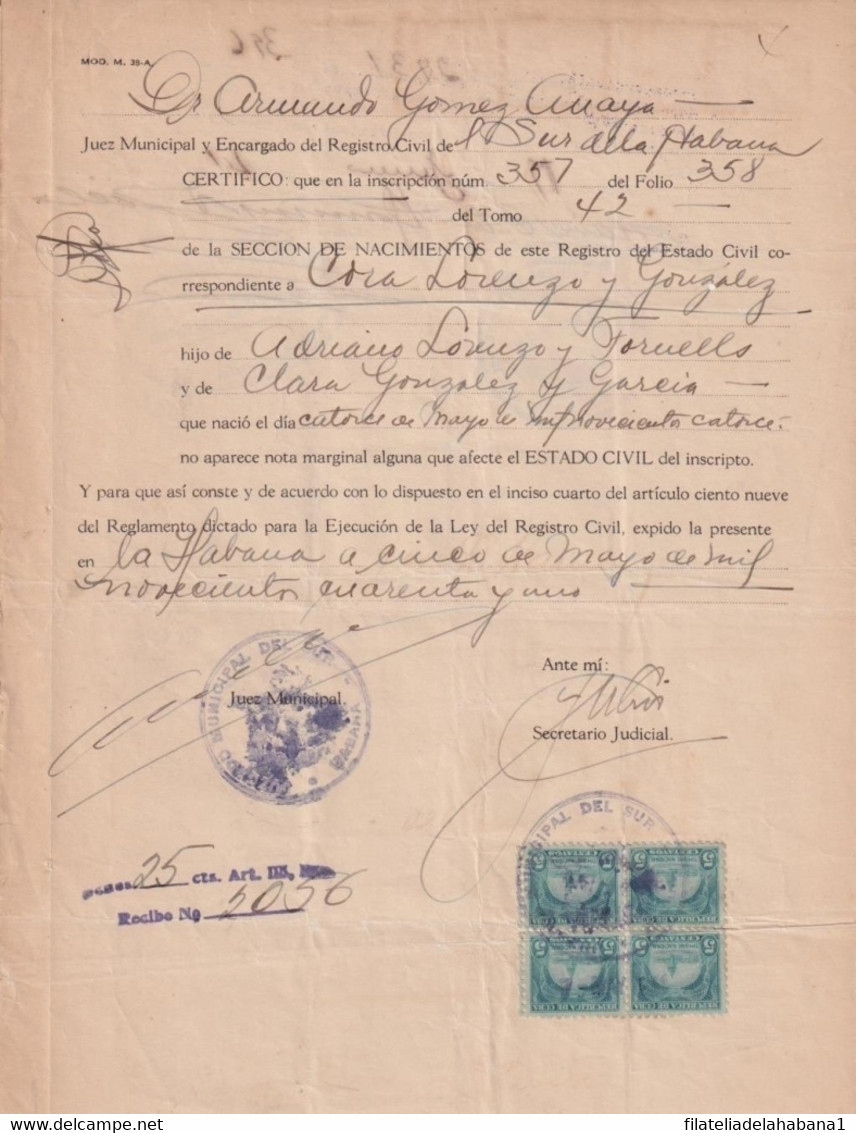 REP-412 CUBA REPUBLICA (LG1912) REVENUE 1941 DOCS 5c (4) SELLO DEL TIMBRE. - Strafport