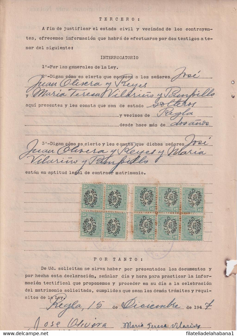 REP-413 CUBA REPUBLICA (LG1914) REVENUE 1947 DOCS 5c (10) SELLO DEL TIMBRE RECARGO 20%. - Timbres-taxe