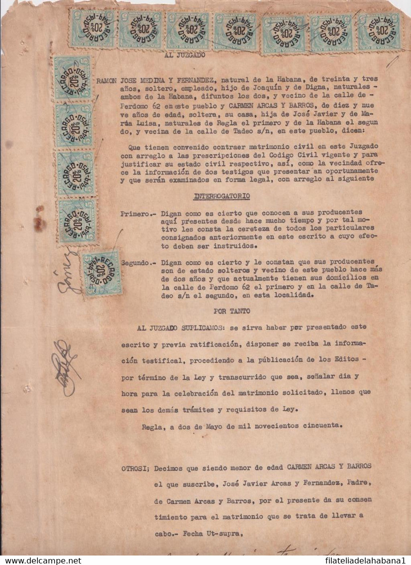 REP-414 CUBA REPUBLICA (LG1915) REVENUE 1949-50 DOCS 5c (10) SELLO DEL TIMBRE RECARGO 20%. - Portomarken