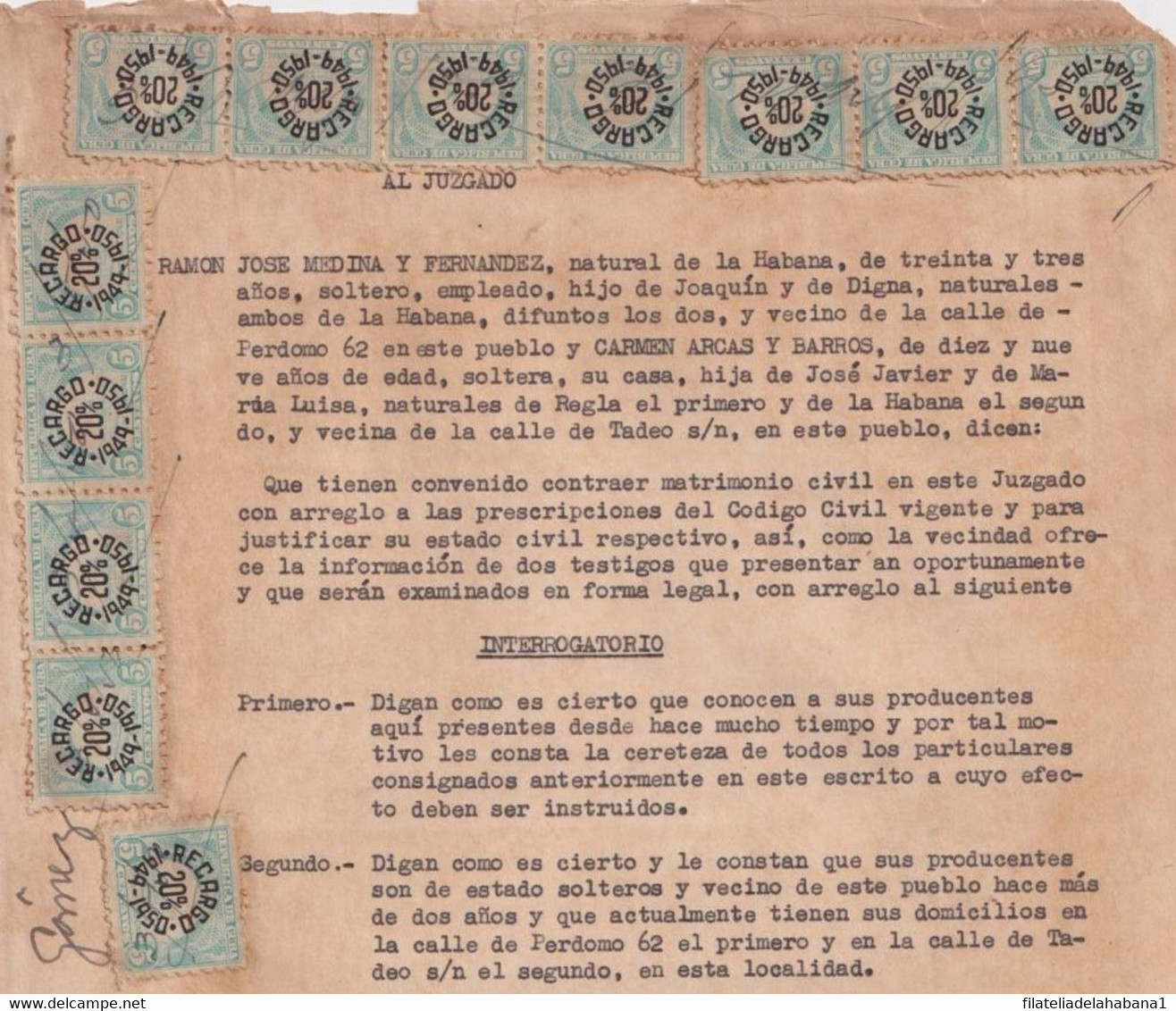 REP-414 CUBA REPUBLICA (LG1915) REVENUE 1949-50 DOCS 5c (10) SELLO DEL TIMBRE RECARGO 20%. - Portomarken